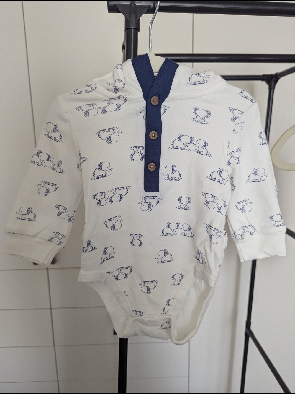 Little Me White/Navy Hooded One-Piece with Elephant Print And Pant Set